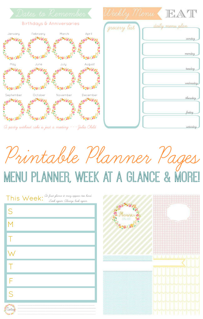 Free planner pages to keep you organized! Monthly calendar pages, menu planner, grocery list, weekly planning pages and MORE! 3 hole punch and add to a 3 ring binder. Add tabs and dividers for a home organization binder or day planner! 