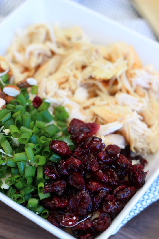 craisins, onions, chicken, almonds in bowl