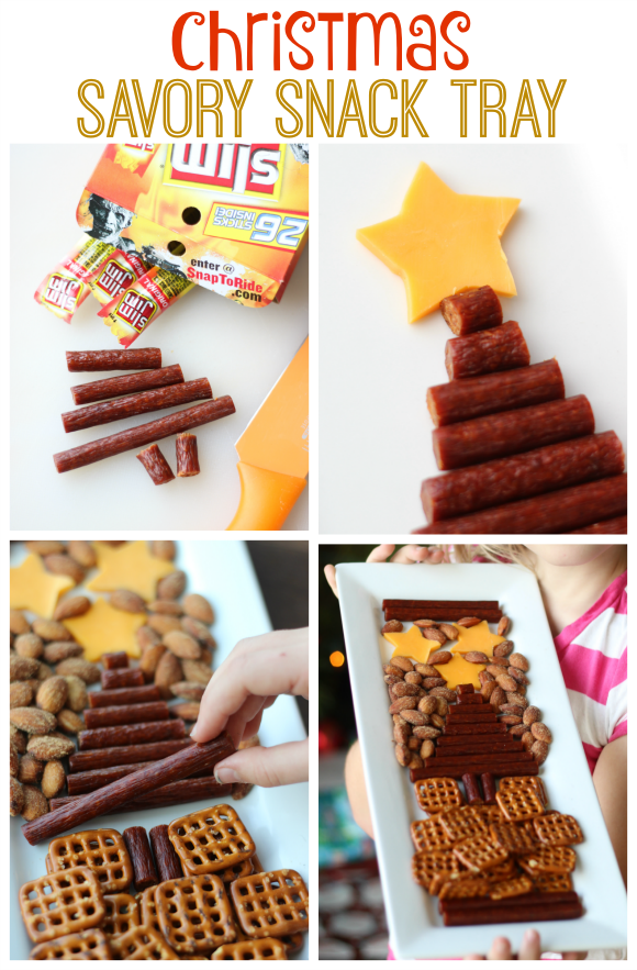 An easy snack tray to serve during the holidays made with sausage, cheese, nuts, and nuts in the shape of a tree. A yummy savory alternative to sweet treats.