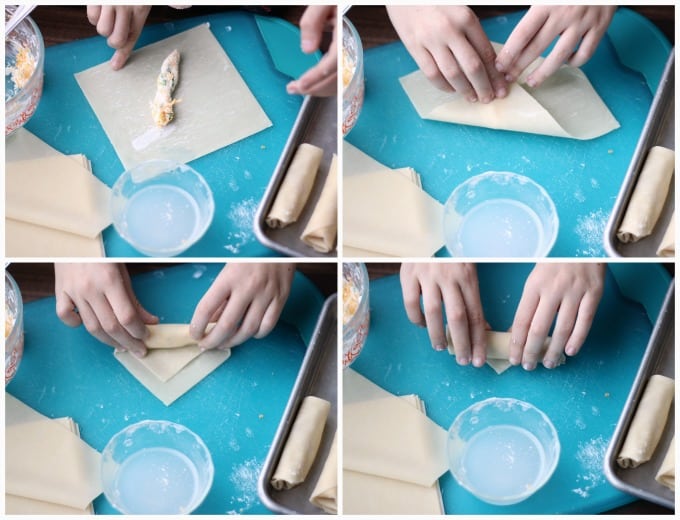 collage showing how to roll up an egg roll wrapper