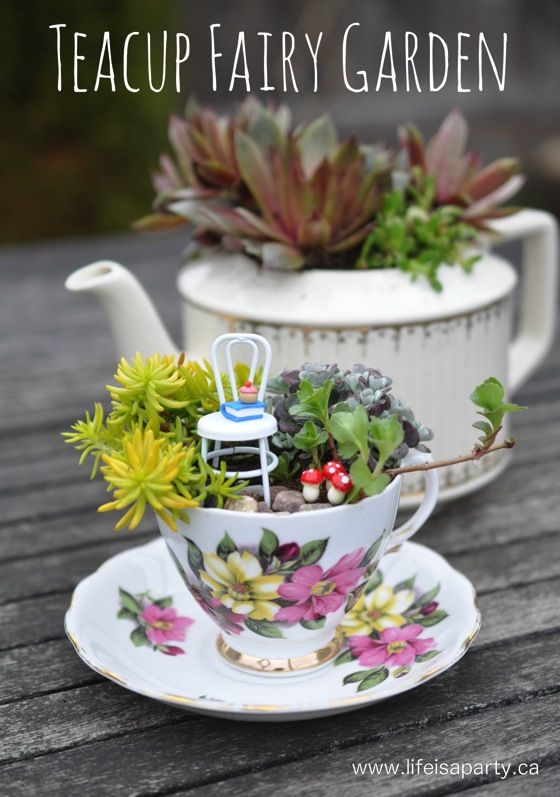 Winter, spring, summer and fall fairy garden inspiration to brighten your home and porch. Make one outdoor, indoors, with plants, with flowers, or with succulents! You can make it in a barrel, a milk jug, a pot, or a tea cup. 