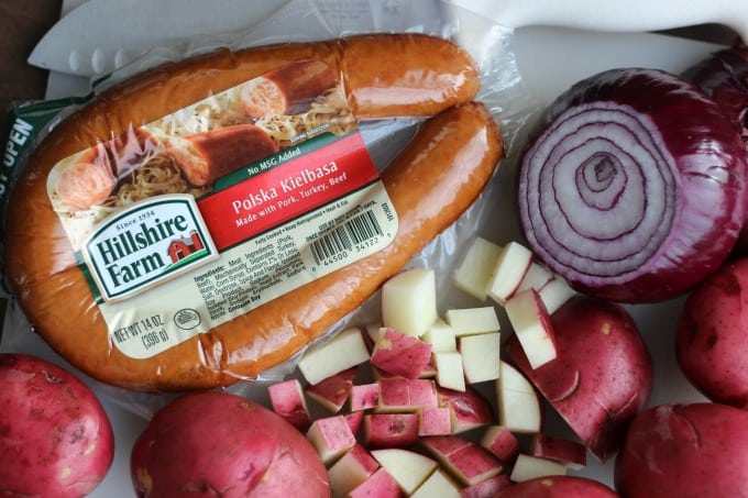 Potatoes and kielbasa is a delicious weeknight dinner! You can also roll it inside of warm flour tortillas for breakfast burritos. 