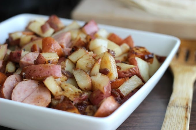 Potatoes and kielbasa is a delicious weeknight dinner! You can also roll it inside of warm flour tortillas for breakfast burritos. 