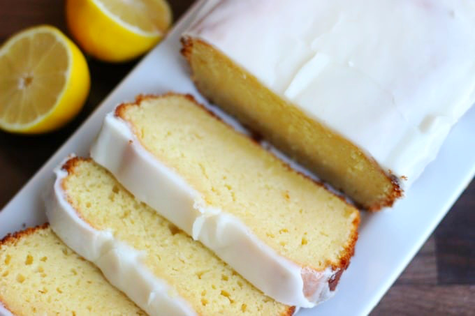 lemon loaf sliced on platter