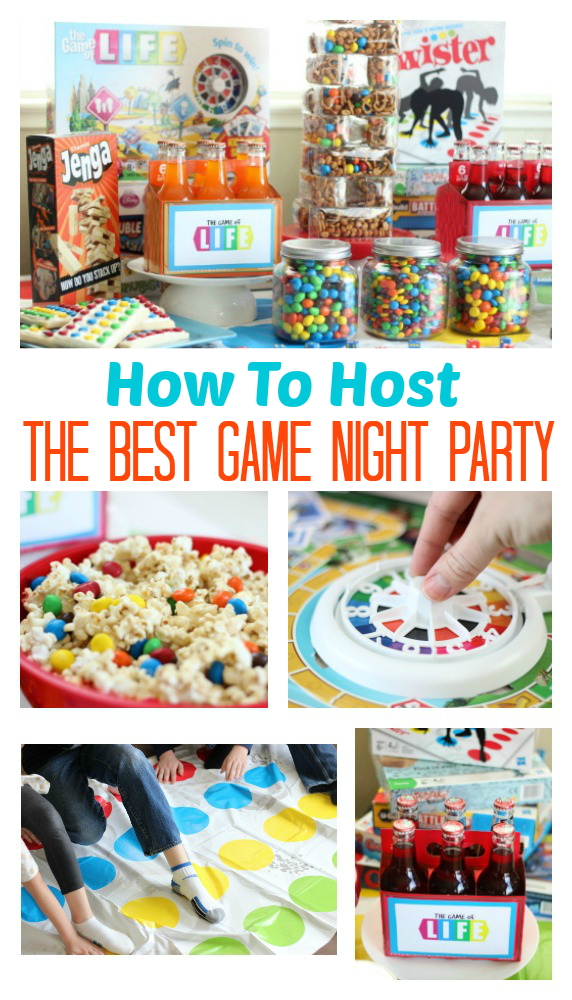 party decor, jars of candy, stacks of board games