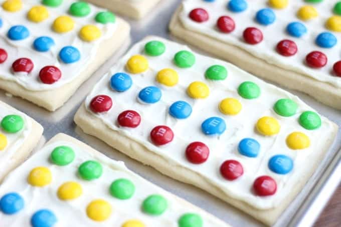 rectangle sugar cookies frosted with M&Ms