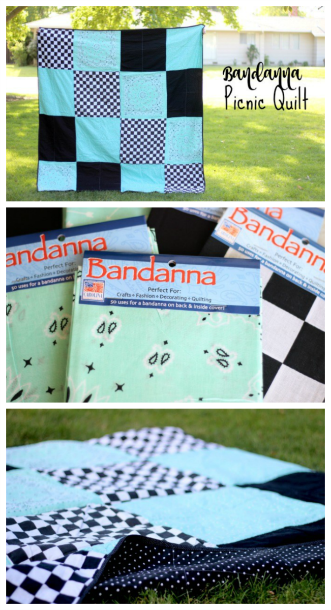 Make a picnic blanket out of bandannas! So easy and quick and perfect for picnics, the beach, or keeping cozy on a cold day! To simplify it even more, tie the blanket instead of quilting it! This is a great sewing project for beginners.