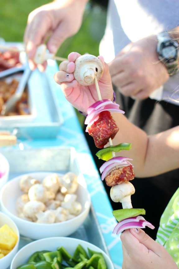 Summer Kebab Party! The perfect outdoor meal to enjoy with family and friends. Provide a variety of meats and veggies for guests to create their own kebabs and then grill to perfection. 