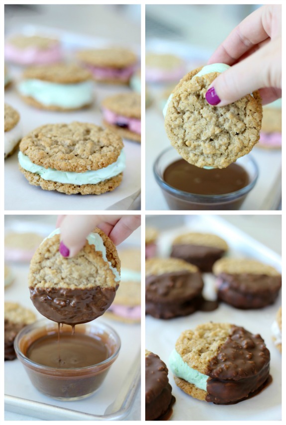 collage of cookie ice cream sandwiches being dipped