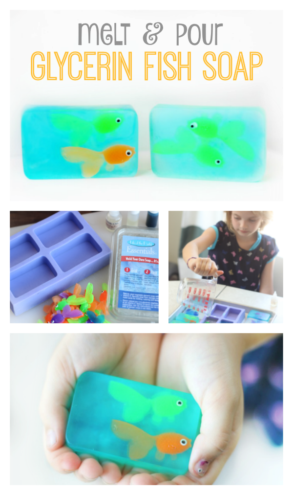 Melt and pour soap made from glycerin soap blocks! These little fish soaps are easy for kids to make and fun to customize with different scents! An awesome gift idea or summer craft for kids!