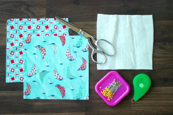 supplies to make sunglasses case fabric, scissors, pins, batting, measuring tape