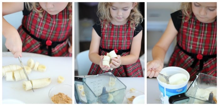 young girl slicing bananas and spoon yogurt into blender