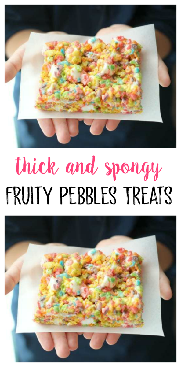 A chewy and spongy, Fruity Pebbles treats recipe made with cereal and marshmallows! Bright and colorful, perfect as an after school snack or for bake sales.