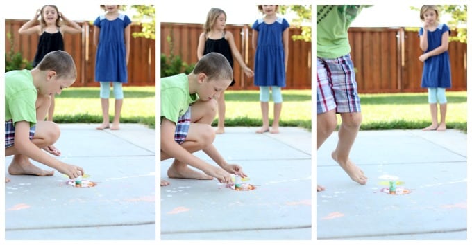 A science experiment, crowd pleaser, and boredom buster all in one! These sidewalk paint rockets splatter colorful bursts of chalk paint on the ground and clean up with water!