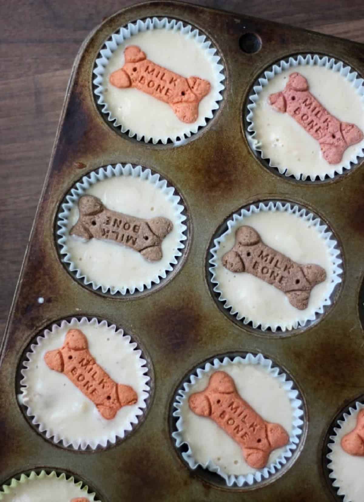 Muffin tin with dog ice cream and mini bones inside.