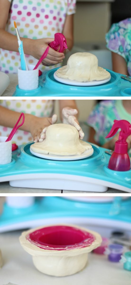 spraying pottery with water then smoothing it