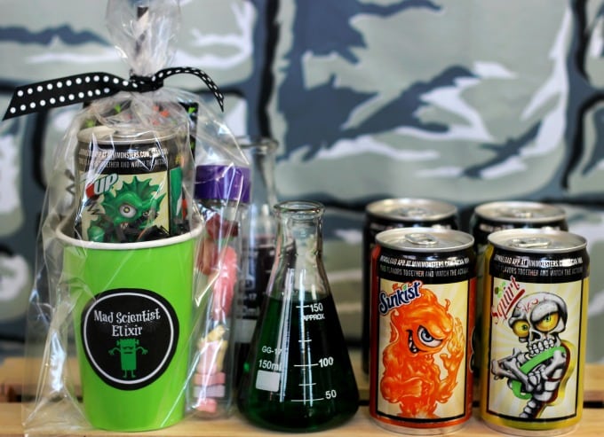 What do you get when you combine a mini can of soda and fizzing candy? A Mad Scientist Elixir that bubbles and is sure to unleash something frightful! These Mad Scientist party favors are sure to be a hit this year.