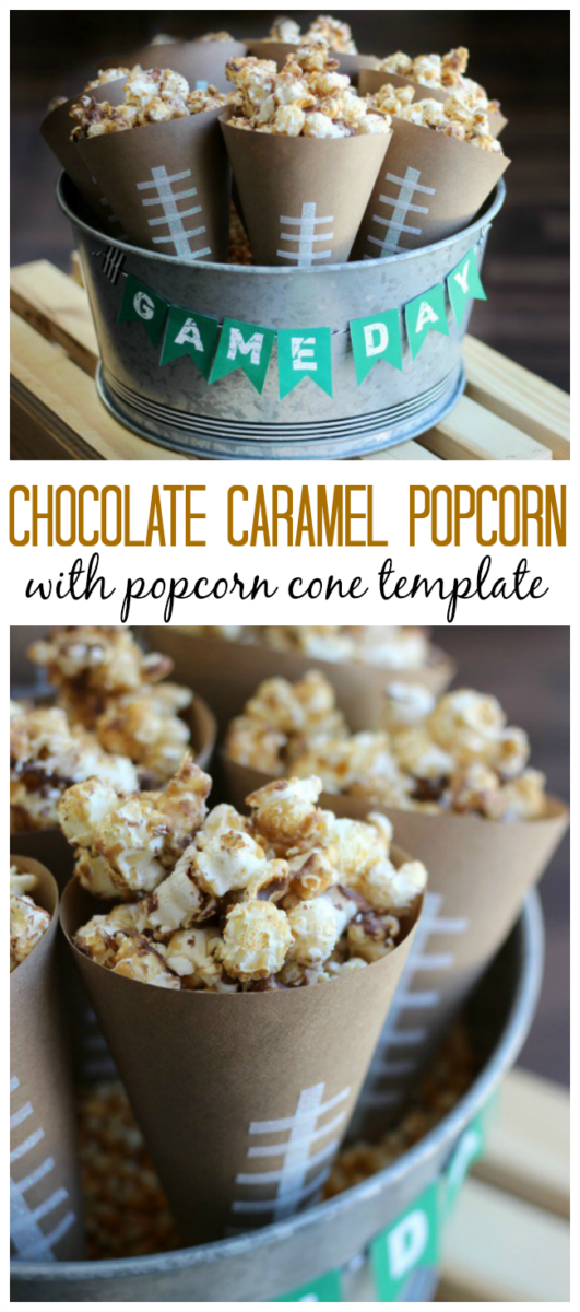 Always a crowd pleaser, this chocolate caramel popcorn is easy to make and very addicting. Make a batch for your next party. Also a simple tutorial for popcorn cones (holders). 