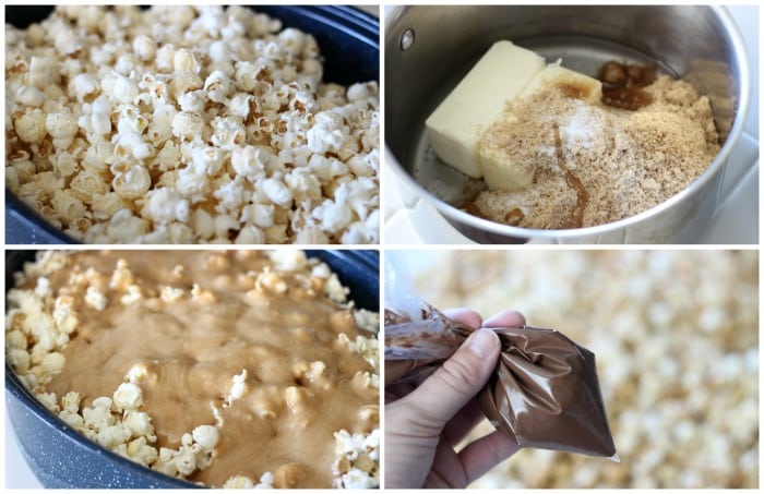 collage of instructional caramel popcorn photos