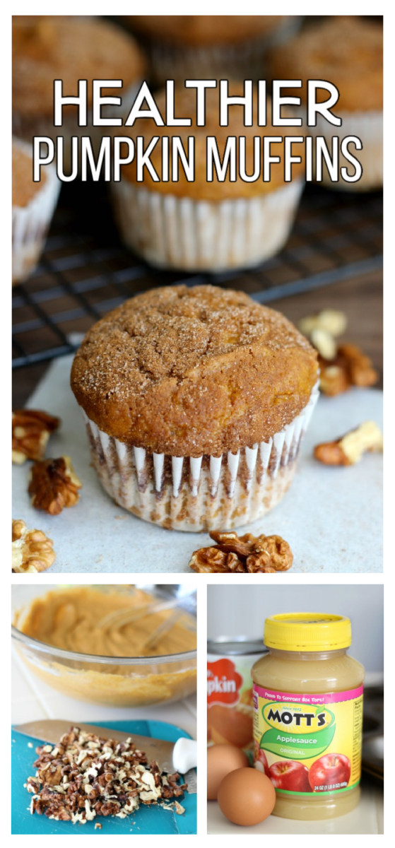 collage of muffins, chopped walnuts and a bottle of applesauce