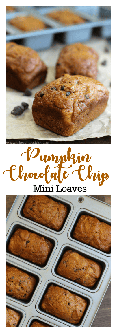 These mini pumpkin chocolate chip loaves are fun to snack on and quick to make. Mini chocolate chips, pumpkin, walnuts, nutmeg, and a burst of cinnamon combine to bring together the flavors of fall.