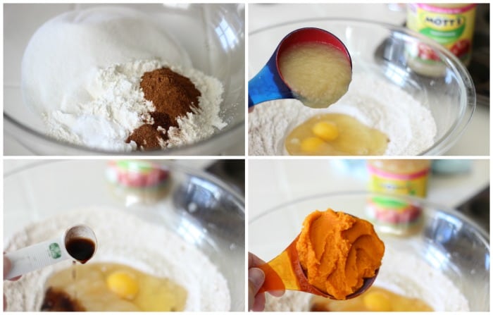 bowl with dry ingredients, measuring cup of applesauce, measuring cup of pumpkin puree and teaspoon of vanilla