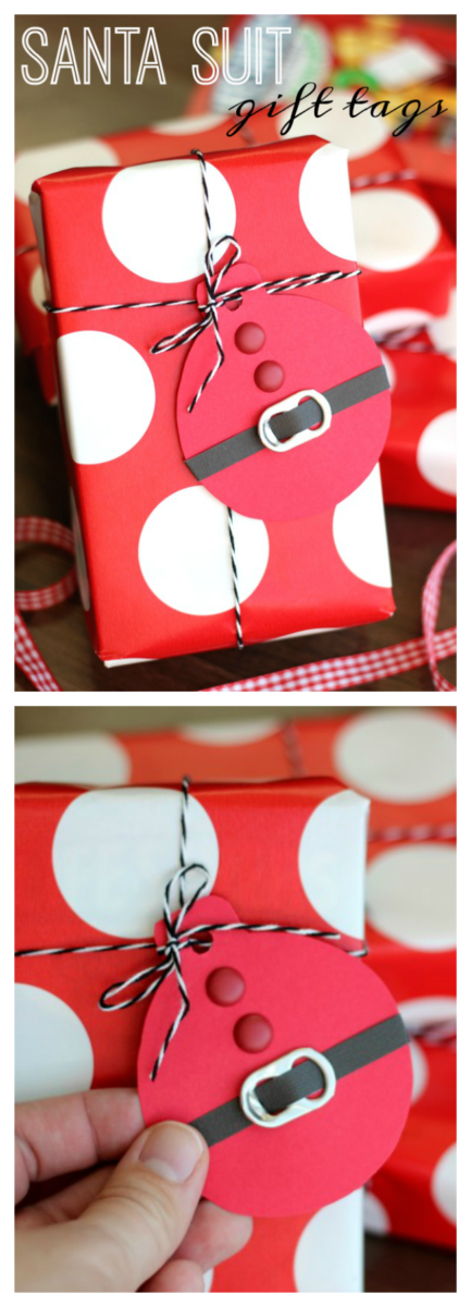 These quick and easy Santa Suit gift tags, made out of cardstock and soda can tabs, are the perfect addition to any gift this holiday season!