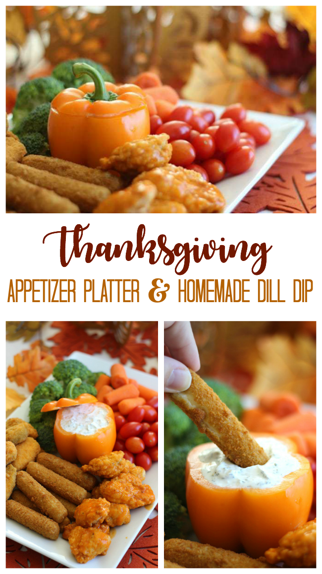 This Thanksgiving Appetizer platter with homemade cool dill dip comes together in about 20 minutes! An orange bell pepper resembles a pumpkin to make this offering even more festive.