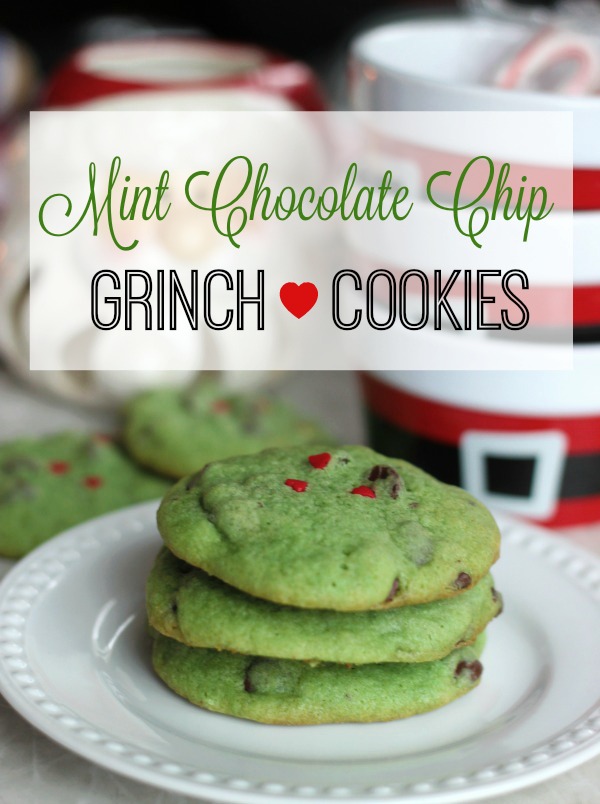 Peppermint extract, chocolate chips, heart sprinkles, and green cookie dough combine to create...GRINCH cookies! These are sure to be a hit at any holiday gathering this year!