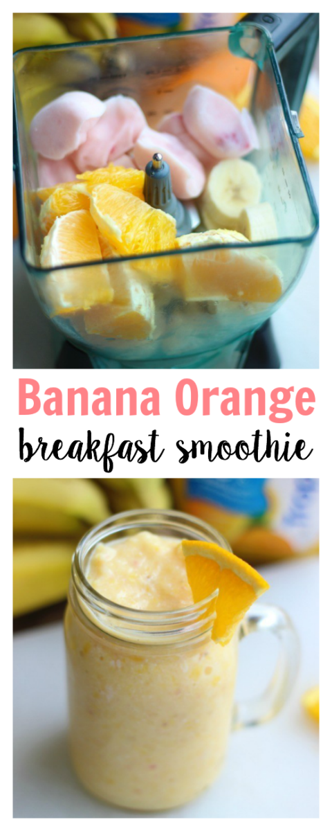 This banana orange breakfast smoothie is the perfect way to start the day. Fresh oranges, frozen strawberry yogurt, frozen bananas and orange juice. TIP: Freeze yogurt in ice cube trays for smoothies!