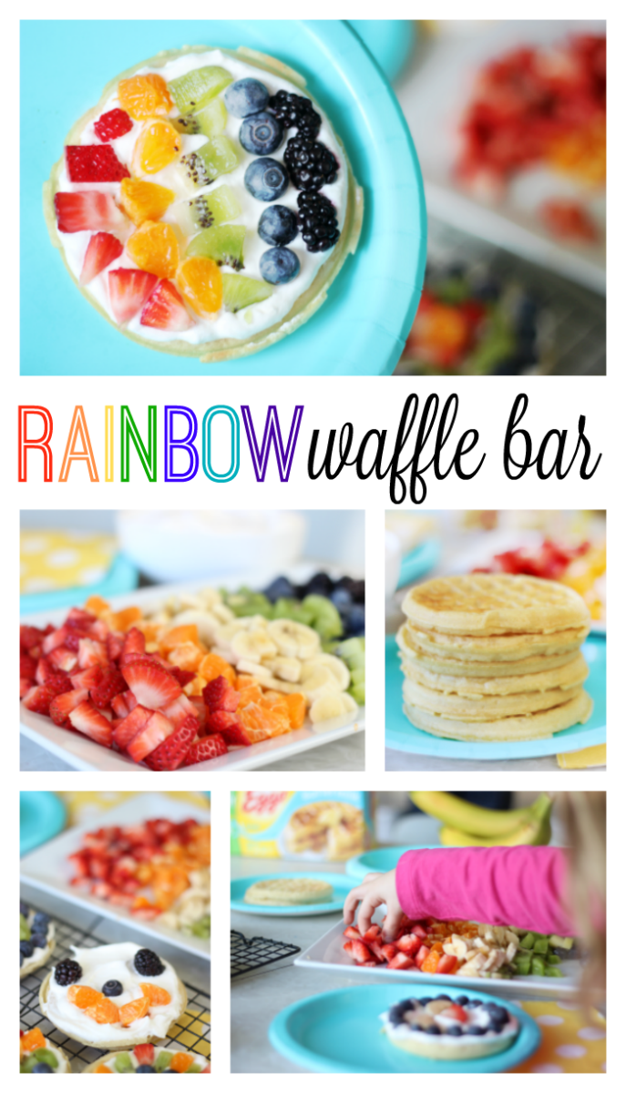 A delicious fruit waffle bar that is as colorful as the rainbow! Fresh fruit, cream, and waffles combine for the perfect St. Patrick's Day breakfast (or dinner!) that the whole family will love. 