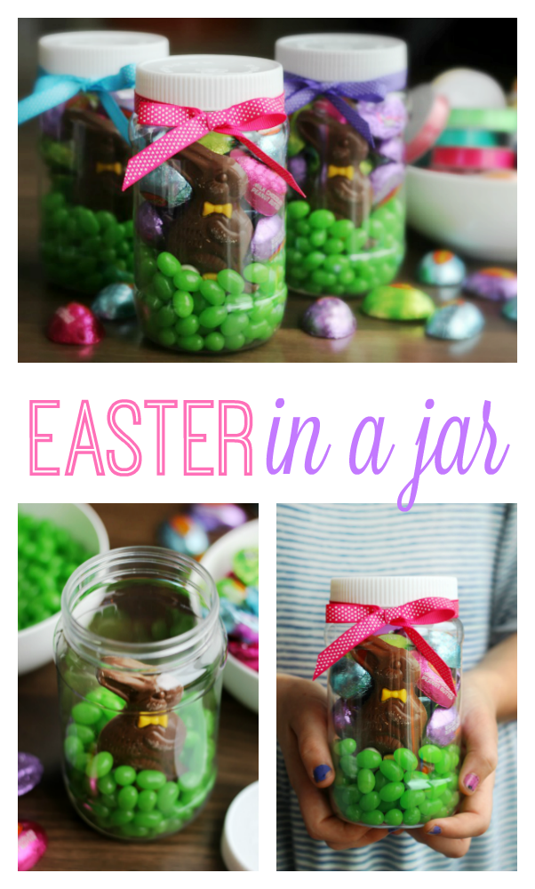 Easter in a Jar: Your favorite seasonal candies all neatly packaged in a plastic Easter mason jar. Wrapped with a bow and perfect for gift giving or spring parties!