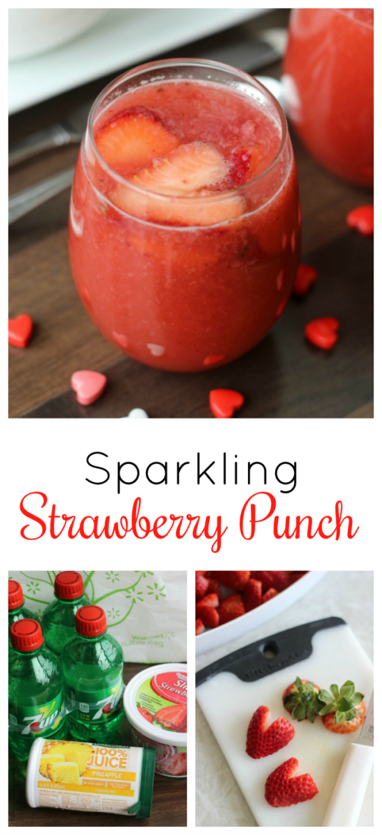 A delicious sparkling strawberry punch made with strawberries, pineapple juice and 7-up. Add heart shaped strawberries as a garnish for the perfect Valentine's Day punch!