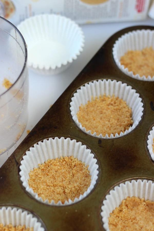 white muffin cups with cookie crust pressed in the bottom