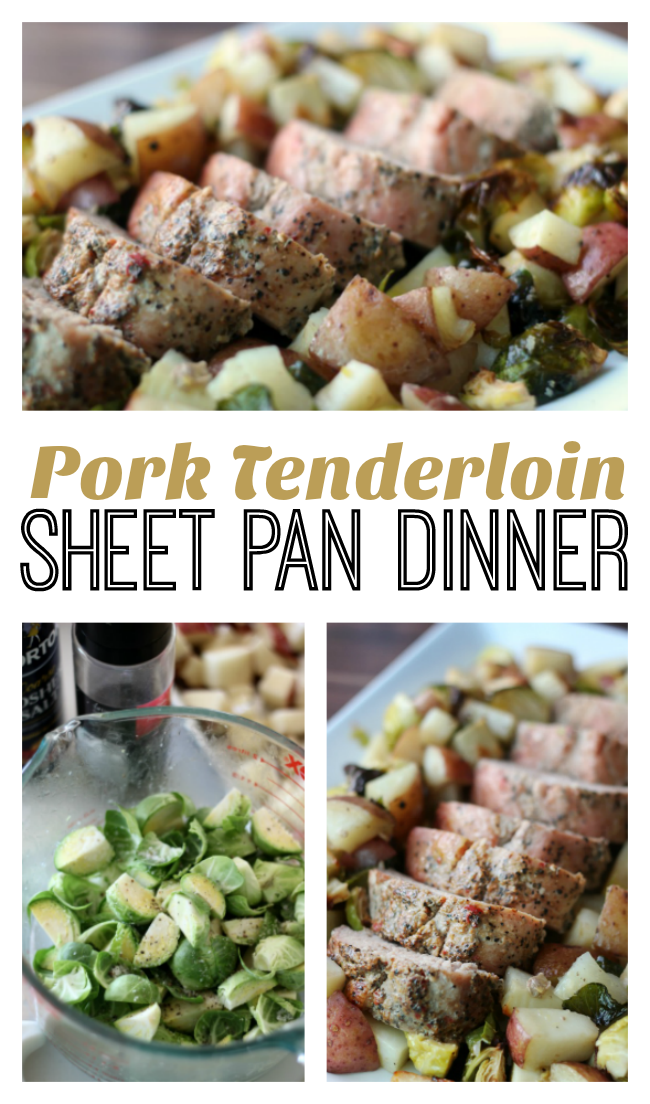 This pork sheet pan dinner is a delicious, hearty, and QUICK weeknight dinner solution! Seasoned pork, roasted vegetables = perfection!