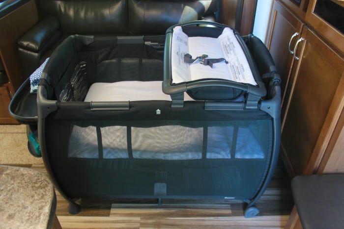The perfect RV travel nursery for baby! It is compact, easy to fold and store, comes with a diaper station, bassinet insert, and lots of storage!  A great option for a summer on the road.