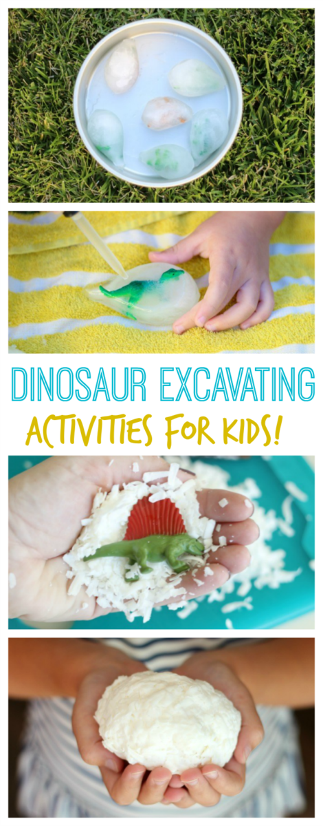 Two darling dinosaur excavating activities for kids! Make dinosaur surprise soap or ice excavate dinosaur eggs for a fun summer outdoor activity!