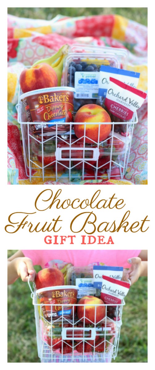 A fresh fruit and chocolate gift basket perfect for summer giving! Not your typical fruit basket either. Strawberries, raspberries, blueberries, bananas & peaches. Tucked inside a basket with dipping chocolate! The perfect gift for a teacher!