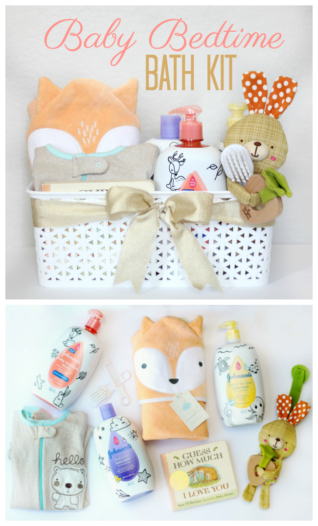 A soothing baby bedtime bath kit with everything needed to wind down at the end of the day. A cozy towel, pajamas, a bedtime story, favorite toy, and a variety of soothing baby bath products all tucked inside a nursery basket for easy gift giving and future storage.