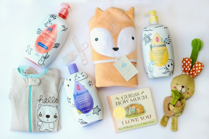 A soothing baby bedtime bath kit with everything needed to wind down at the end of the day. A cozy towel, pajamas, a bedtime story, favorite toy, and a variety of soothing baby bath products all tucked inside a nursery basket for easy gift giving and future storage.