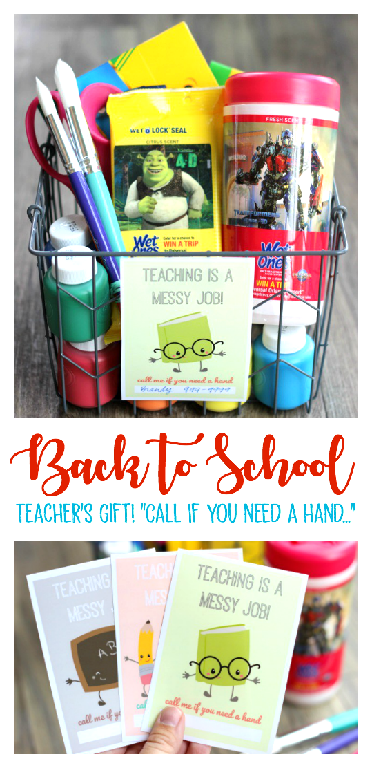 A cute and practical back to school gift idea for the classroom. Let your child's teacher know that they can count on you for help during the school year by attaching this darling printable to a container of hand wipes or a bottle of hand sanitizer!  