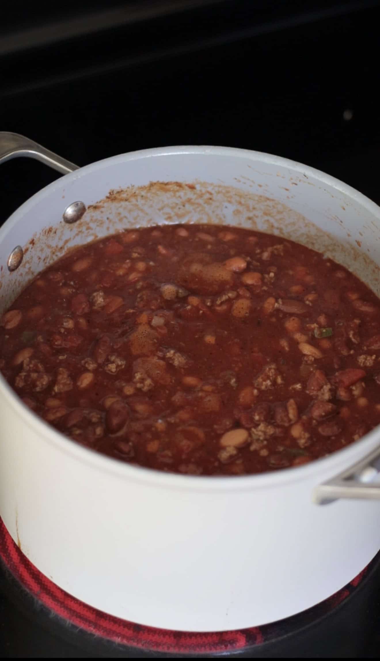 Pot of chili on the stove.