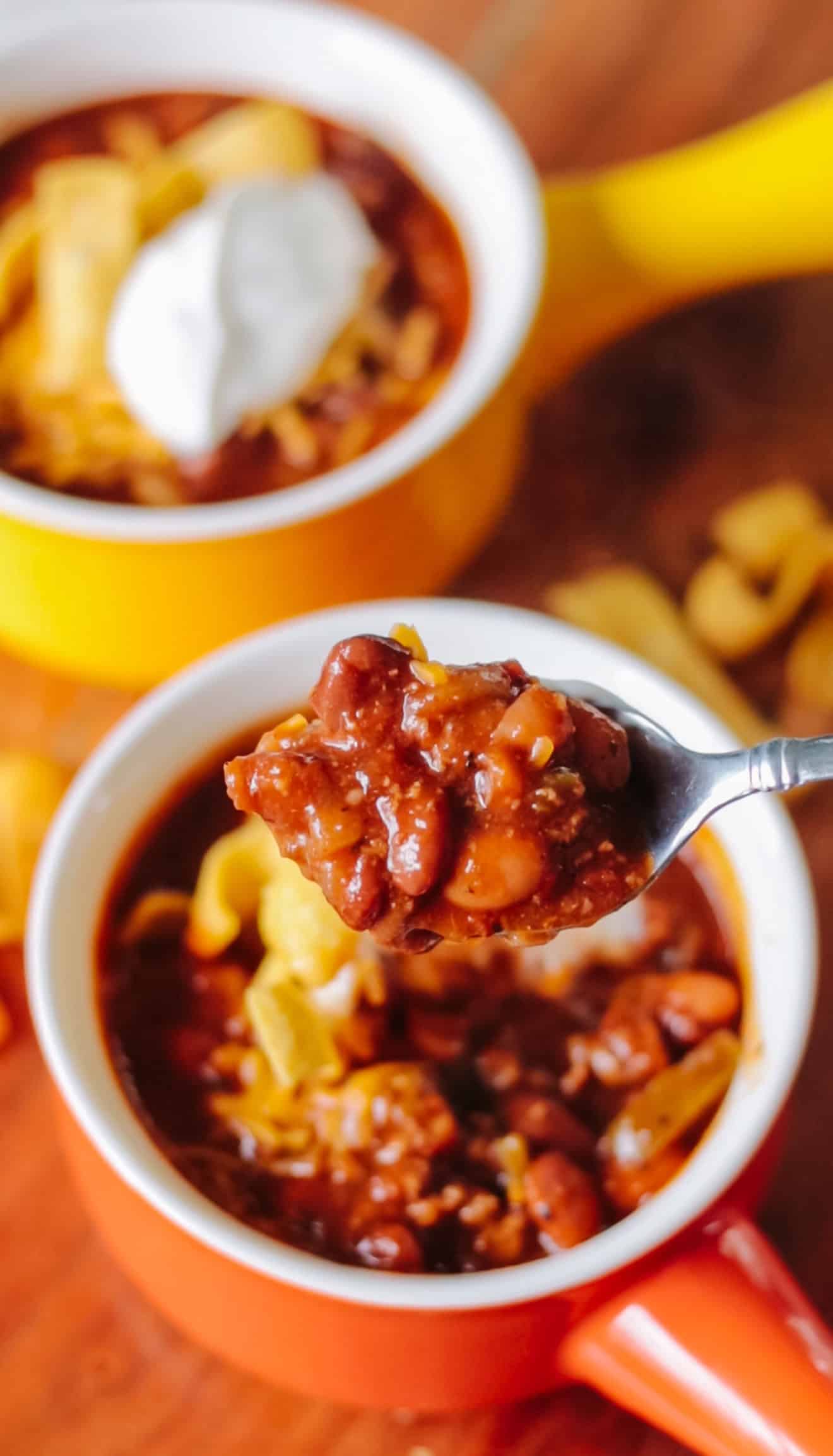 Spoonful of turkey chili.