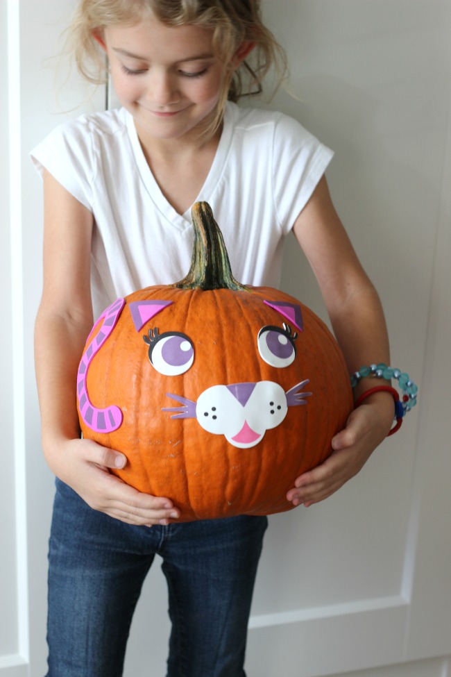 Don't wait until the week of Halloween to decorate your pumpkins! This peel and stick pumpkin decorating kits is so fun and peels right off when you are ready to carve! Great for parties and playdates too!