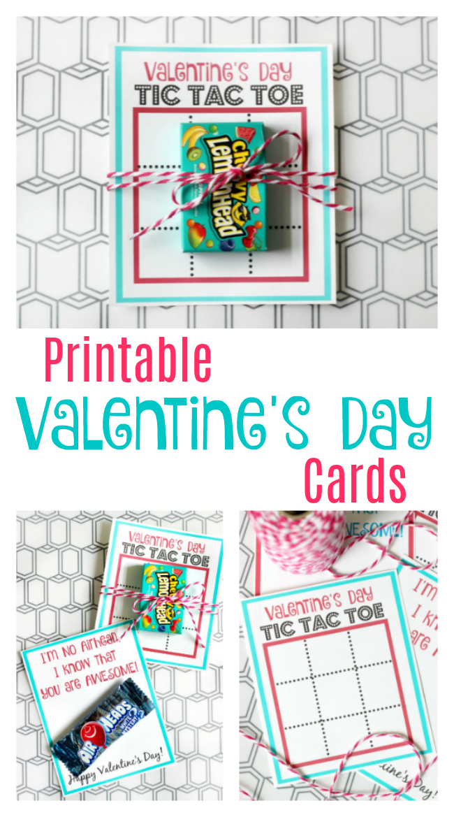 Here are two free printable Valentines including a tic tac toe Valentine's Day cards and printable Air Head candy card!