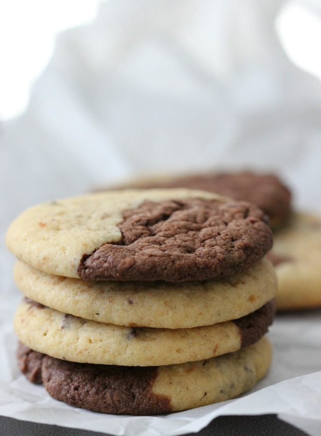 When you can't decide what cookie to make, make both! These black and white cookies combine two flavors; double chocolate chip AND chocolate chip for the perfect cookie. 