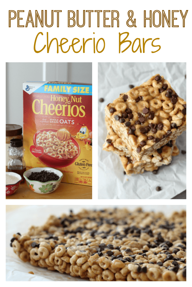 Peanut Butter Cheerio Bars! A delicious after school snack made with peanut butter, honey, a bit of sugar, and Honey Nut Cheerios™! Sprinkle with mini chocolate chips if you're feeling crazy.