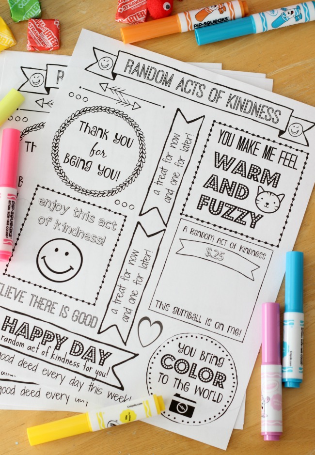 Random Acts of Kindness Day is February 17th. Print out a week of cute tags to color and hand out to brighten someone's day! Tuck everything inside of a box for a Random Acts of Kindness Kit. A fun activity for Girl Scouts, Activity Days, school and more!