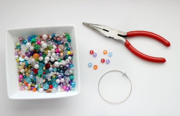 bowl of beads, wire and wire cutters