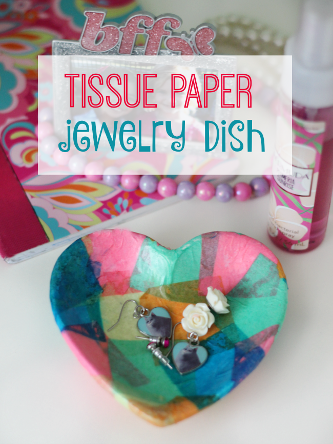 Add a bit of mod podge and tissue paper and completely transform this small bowl into a homemade jewelry dish! This technique also works on plates, jars, vases, and tile!